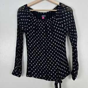 Vince Camuto Women's S Blouse Black Silver Metallic Polka Dot Side Tie 91524B024
